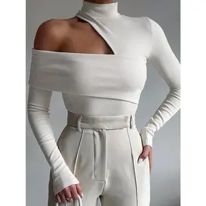 Mock Neck Oblique Cutout Rib Long Sleeve Knit Top