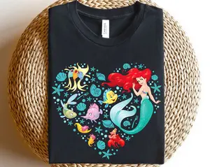 D.ney Princess Ariel Flounder And Sebastian Collage Heart Shirt Magic Kingdom Unisex T-shirt Family Birthday Gift Adult Kid Toddler Tee