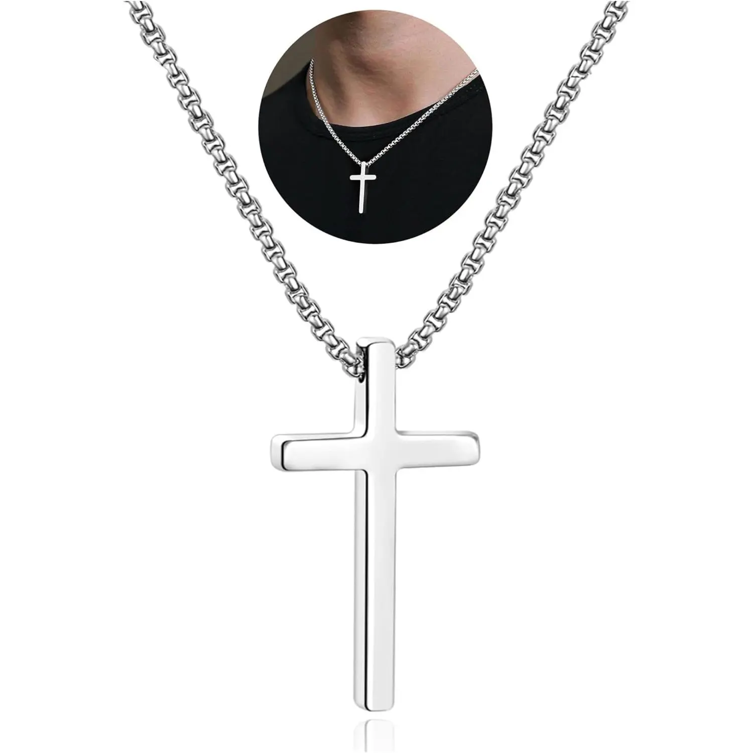 Men's Stainless Steel Plain Cross Faith Pendant Chain Necklaces, 18-Inch Box Cross Link Chain Jewelry, Silver-Black-Gold Golf Sports Gifts for Teenage Boys, Ideal for Christmas, Birthday, Wedding Occasions, Box Chain