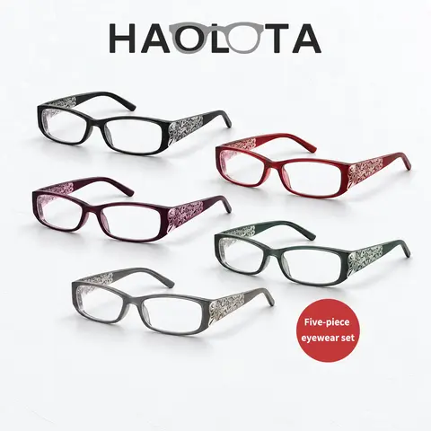 HAOLOTA Women's 5-Pack Fashionable Design Reading Eyeglasses, Plastic Polycarbonate Tech-Inspired Frames, Blue Light Protection, Spring Hinges, Unisex Daily Use Eyewear (Black, Red, Purple, Green, Grey)