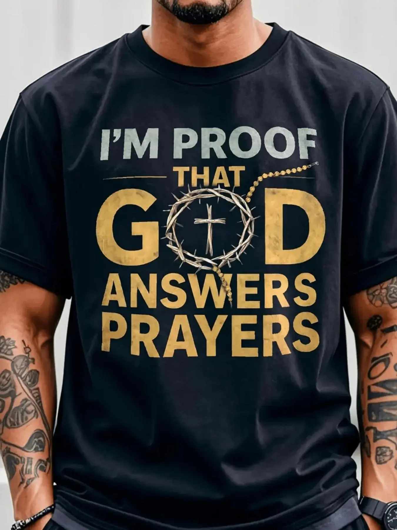 Men's Inspirational Cotton T-shirt Featuring I Am the Proof of God's Response to Prayer with Golden Crown Cross Design and Lettering Perfect for Church Easter and Christmas in White and Black Crew Neck Short Sleeve