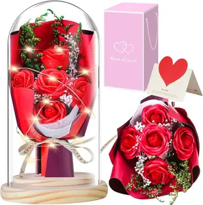 Rose Flowers Gifts for Women - Rose Bouquet in Glass Dome with LED Light, Preserved Rose Gifts for Valentine's Day & Anniversaries