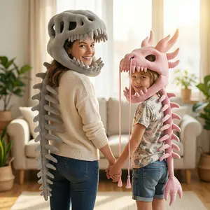 Aesthetic Pink Wearable Plush Dino Skeleton Costume - Matching Parent & Child Sizes. New 2026 Collection. Super Comfy & Soft, Perfect for Viral Family Pics!