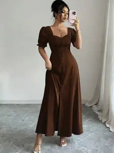 Women's Square Neck Puff Sleeve Maxi Dress - Sexy Button Front Split Dress