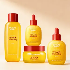 EQQUALBERRY Vitamin Illuminating 3-piece set: toner, serum, cream. Formulated with Vitamin C, Niacinamide & ceramides to target dark spots, protect skin barrier, and leave skin hydrated and glowing.