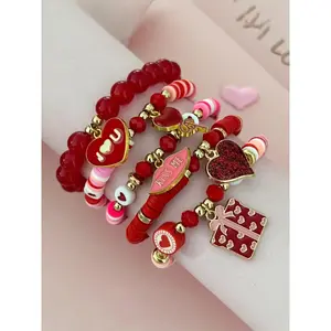 Valentine's Day Handmade Soft Clay Bracelet Set, Elastic Beaded Heart Pendant Jewelry Gift, Perfect for Couples & Romantic Gifts, Trendy Jewellery Accessories