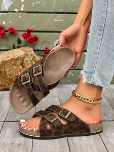 Women's Fashion Leopard Print Platform Sandals, PU Leather Slides, Casual Comfortable Platform Sandals for Summer, Female All-match Round Toe Sandals for Daily Wear, Walking Shoes, Footwear