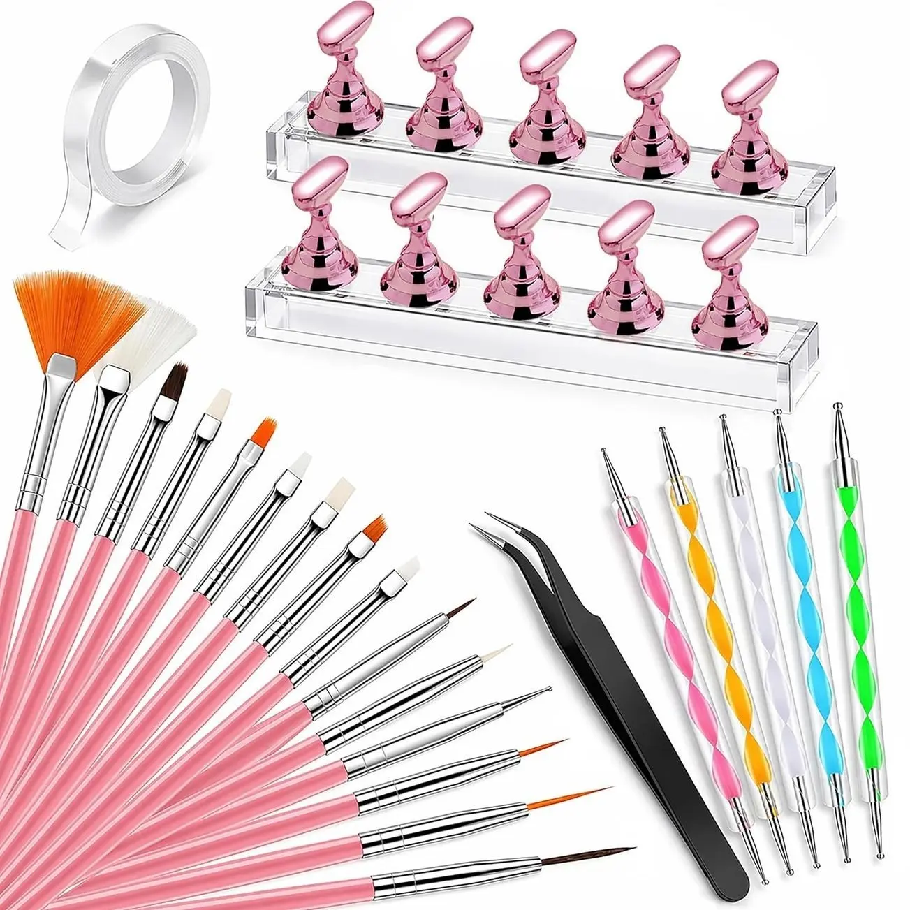 Beginner Home DIY Press-on Nail Kit – 15 Nail Art Brushes + 5 Dotting Pens + Nail Stand for Press On Nails, Nail Tech Tools for Painting & Press On Nail Supplies