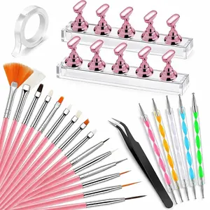 Beginner Home DIY Press-on Nail Kit – 15 Nail Art Brushes + 5 Dotting Pens + Nail Stand for Press On Nails, Nail Tech Tools for Painting & Press On Nail Supplies