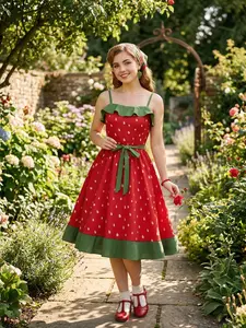 Red 1950s Strawberry Ruffle Belt Dress Casual Boho Bohemian Sleeveless Spaghetti Strap Womenswear Summer Red 1950s Strawberry Ruffle Belt Dress Casual Boho Bohemian Sleeveless Spaghetti Strap Womenswear Summer