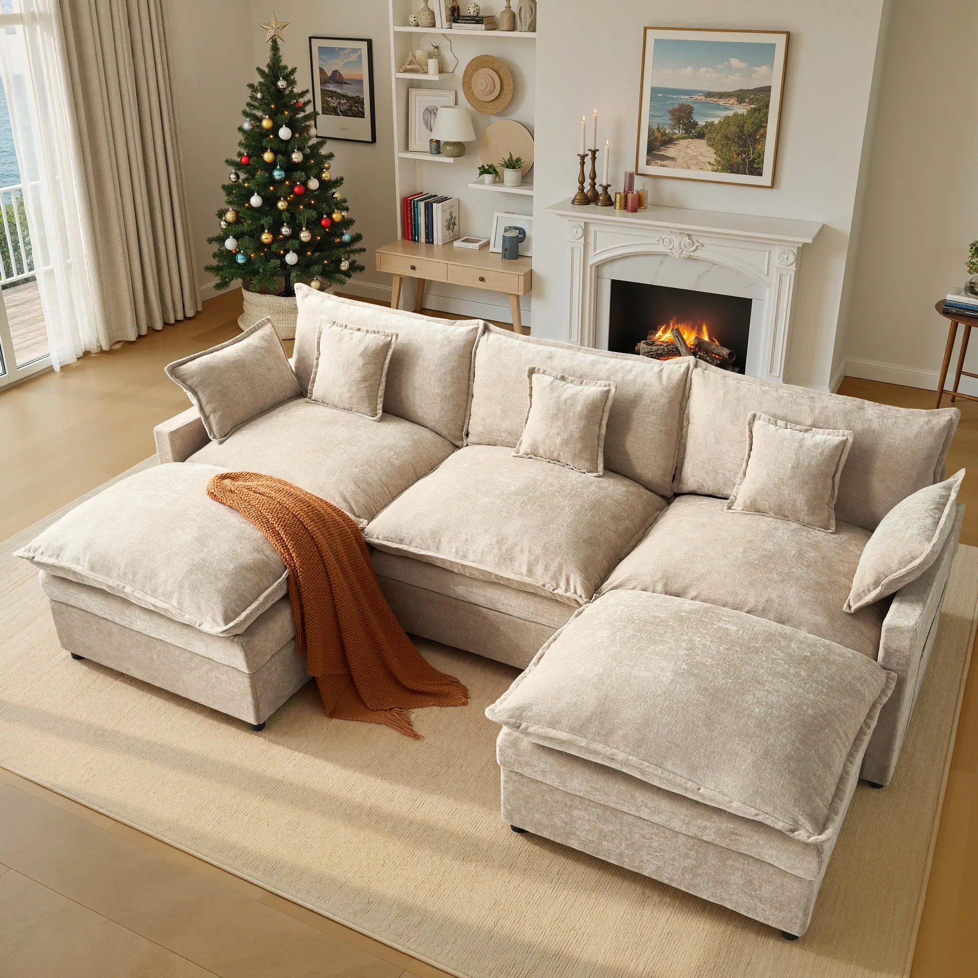 HOOOWOOO 108" Oversized U-Shaped Modular Sectional Sofa with 2 Movable Ottoman, Comfy Chenille Deep Seat Sofa Bed with 5 Pillows for Living Room, Bedroom and Apartment, 5-Seater【2 / 3 Packages Shipping】