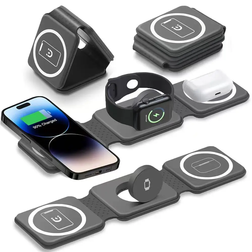 Portable Folding Wireless Charger Station Smart Charging Dock for Apple Devices, Foldable 3-In-1 Charging Pad Magnetic Charging Design for iPhone Watch AirPods Travel Essential Charging Accessory