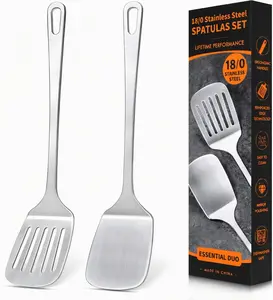 18/0 Stainless Steel 2-Piece Spatula Tool Set - Solid & Slotted Metal Turners with Ergonomic Handles, Hanging Holes, Slotted Edge, Heavy-Duty, High Heat Resistant, Easy to Clean Silver Kitchen Utensils for Stirring