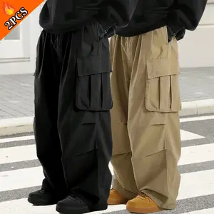 Pack of 2 Men's Casual Solid Work Pants - Casual Vintage Work Pants - Multi-Pocket Design, Outdoor Work Pants, Running Pants, Casual Pants with Pockets - 100% Polyester, Non-Stretch Solid Color, Regular Version All Seasons Work Pants