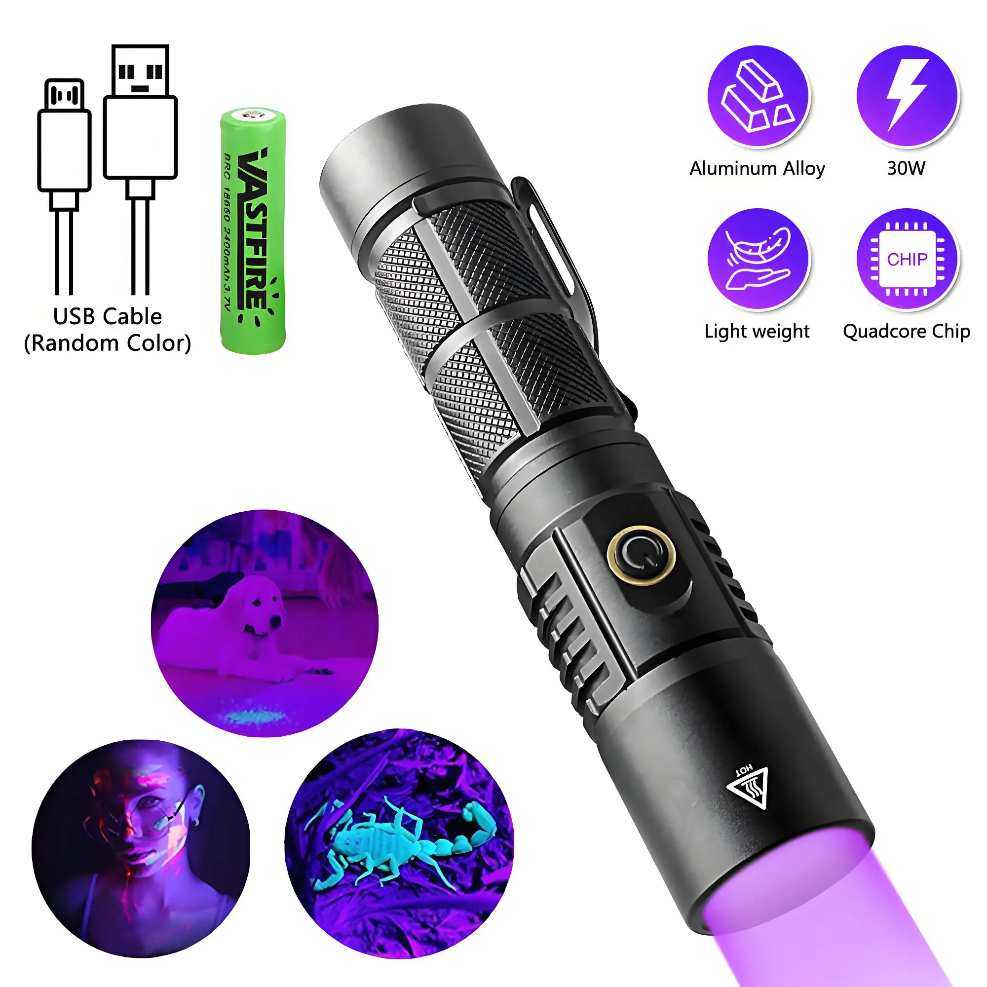 VASTFIRE Compact Multi-Use Pocket Flashlight Standard Torches - 30W Rechargeable 365nm 4-Core Purple Beam UV Flashlight, Aluminum Alloy Body, Included Cable, High Power Handheld for Mineral Detection, Fluorescent Use