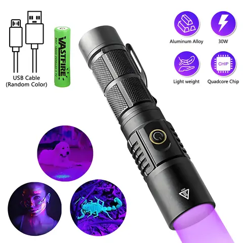 VASTFIRE Compact High-Power Rechargeable Portable Torches - 365nm Violet Light 4-Core Handheld UV Lamp, Aluminium Body, Included Cable, Battery-Powered LED Flashlight for Mineral Detection, Fluorescent Use