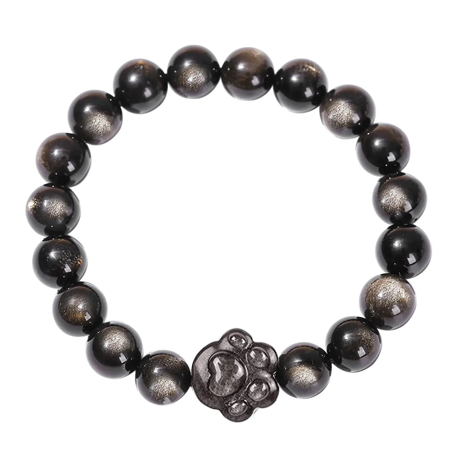 OIDEA Female Obsidian Crystal Stretch Bracelet - 8mm Polished Beads on Stretch Cord, Dog Paw Charm, 6.3" Inner Circumference, Pet Memorial Gift, Grounding Positive Energy Daily Fashion Accessory