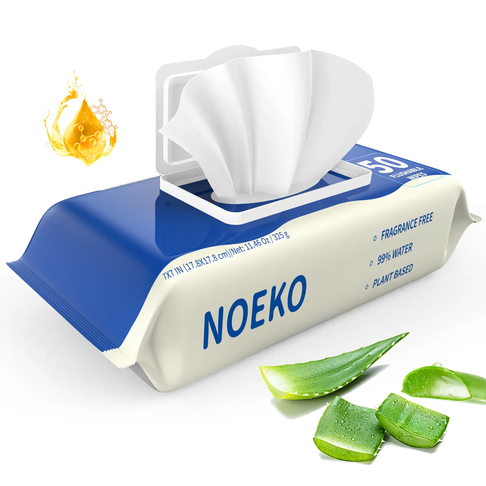 Neoke Flushable Butt Wipes - 7x7" 50 Wipes (1 Pack) - Extra Large Adult Wet Wipes For Women & Men - 100% Plant Based Fibers - Bathroom Essentials - Sewer & Septic Safe