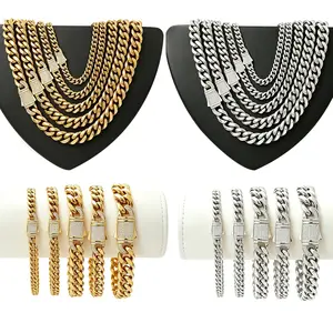 18K Gold Plated Miami Cuban Link Chain Necklace & Bracelet Set, Stainless Steel, 6-14mm Width, Hip Hop Jewelry for Men & Women