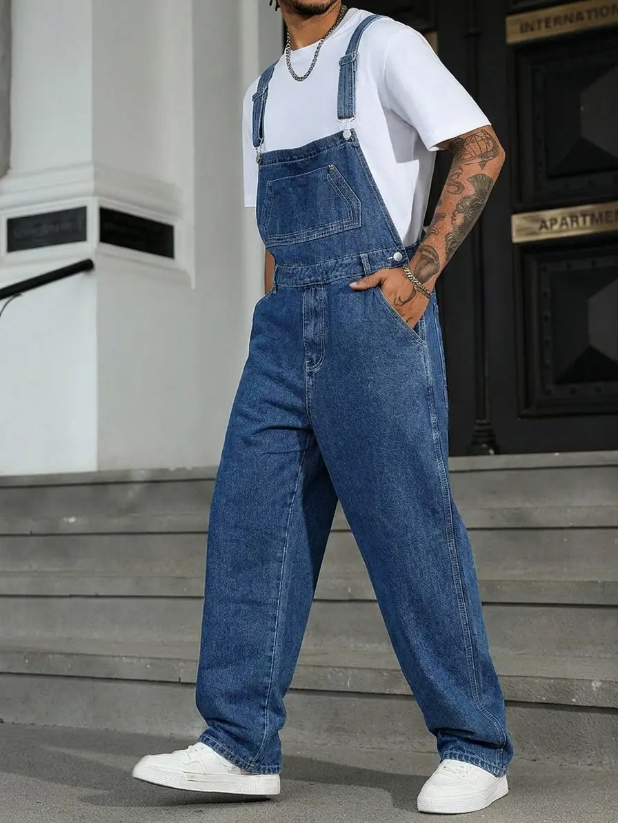 Men's Vintage Cut Jean Overalls in Plain Denim, Full-Length Casual Bib Style with Button Closure for Year-Round Wear