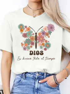 Women'S Spanish Lettering T-Shirt with Dios es Poderoso Hebrews 13:8 Bible Verse Print |   Pink Christian Faith Apparel Casual Short Sleeve Round Neck Summer Top Spanish Bible Verse Translation