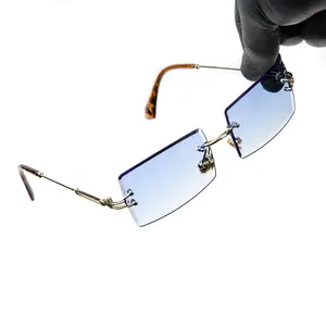 Men's Frameless Sky Blue Retro Rectangle Gold Wire Frame Rimless Sunglasses