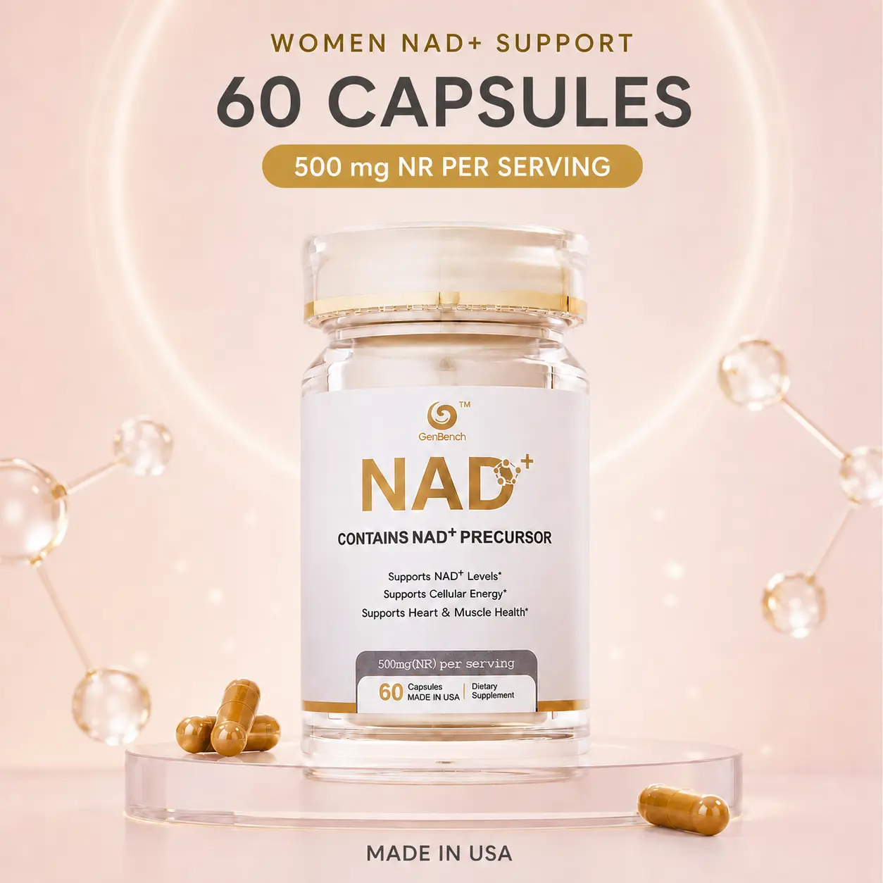 GenBench NAD+ Supplements for Women Anti-Aging, Cellular Energy Capsules – Nicotinamide Riboside 500mg, HMB-Super Blend CoQ10, Turmeric, Supports Cellular Health, Energy & Vitality Revitalization – 60 Capsules Healthcare Nutrition Supplements