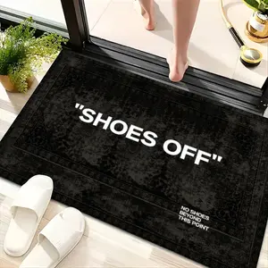 2DFlat "Shoes Off" Doormat Suitable for Indoor Entrance, Absorbent Soft Flannel Mat with Non-Slip Backing, Dark Gray Striped, Easy Clean Hand Washable for Entryway, Suitable for Decor Gift for Holidays Kitchen Rugs