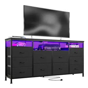 Modern 10 Drawer Dresser & TV Stand for 65-75 Inch TVs – 63" Long Storage Cabinet – LED Lights & Power Outlets – Bedroom, Closet, Entryway – White PU