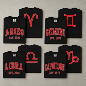 [Leave A Note Est Year] Zodiac Sign Varsity T-Shirt, Personalized Birth Year Zodiac Tee, Astrology Shirt, Retro Horoscope Graphic Tee, Aries Gemini Libra Capricorn Shirt