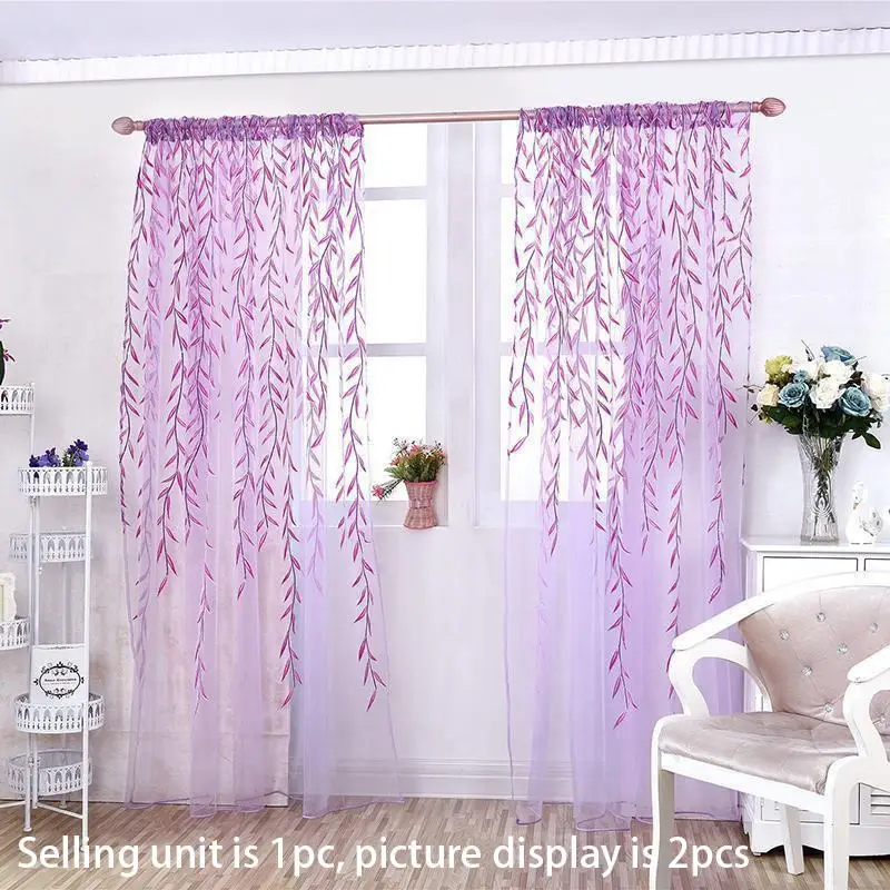 Willow Leaf Design Curtain, 1 Count Breathable Modern Tulle Window Curtain, Summer Home Decor, Sweet Furniture for Living Room Bedroom Ornaments, Room