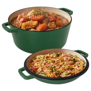 6 QT Ceramic Dutch Oven with 2 QT Aluminum Lid, Green Non-Stick Enameled Pot with Stainless Steel Bottom, Oven & Dishwasher Safe for Roasting Baking on Gas Induction Stovetop
