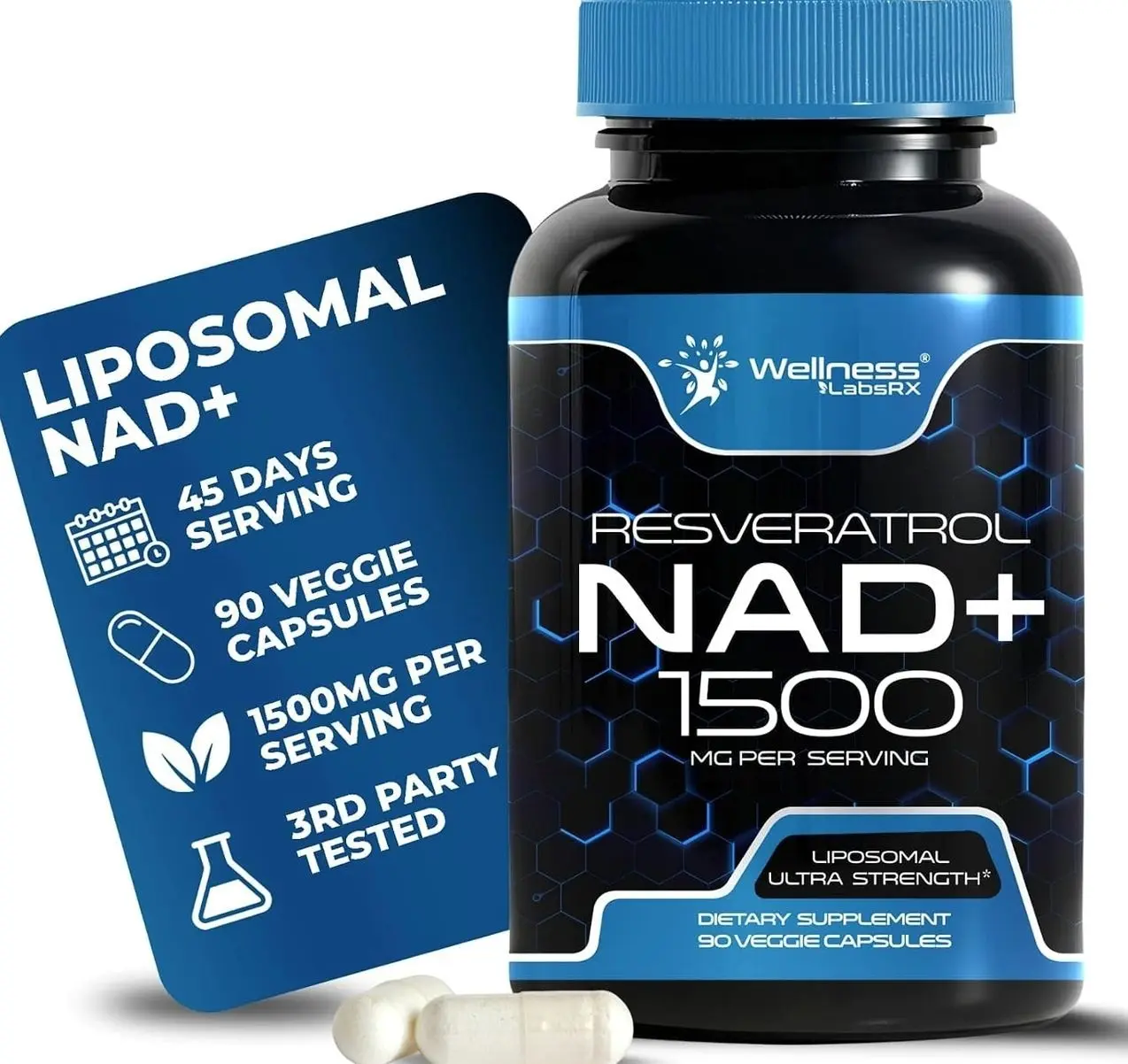 WELLNESS LABSRX NAD Supplement, 1500mg - USA Made Liposomal NAD+ Supplement with Resveratrol, NAD Plus Boosting - Support Cellular Health, Stamina & Healthy Aging - Ultra Strength Capsules