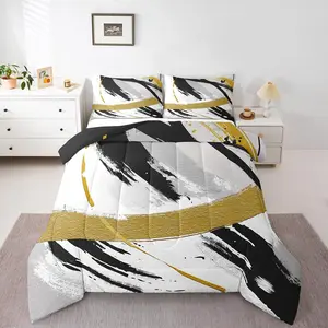 Black Grey Gold Comforter Set,Brush Strokes Oil Painting Bedding Set,Gradient Bedding Comforter Sets,Graffiti Duvet Set,Contemporary Quilted Comforter