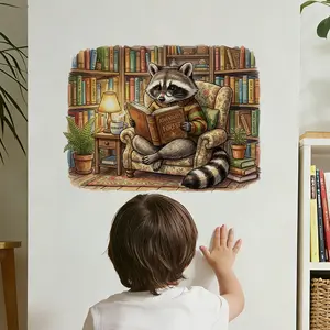1Pc (30*40cm) Vintage Raccoon Reading Self-Adhesive Wall Sticker, Bookshelf Reading Corner Decor for Kids Room