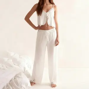 Women Summer Pajama Set Lace Trim Tie Front Cami Tops and Straight Leg Pants 2 Piece Sleepwear Outfit