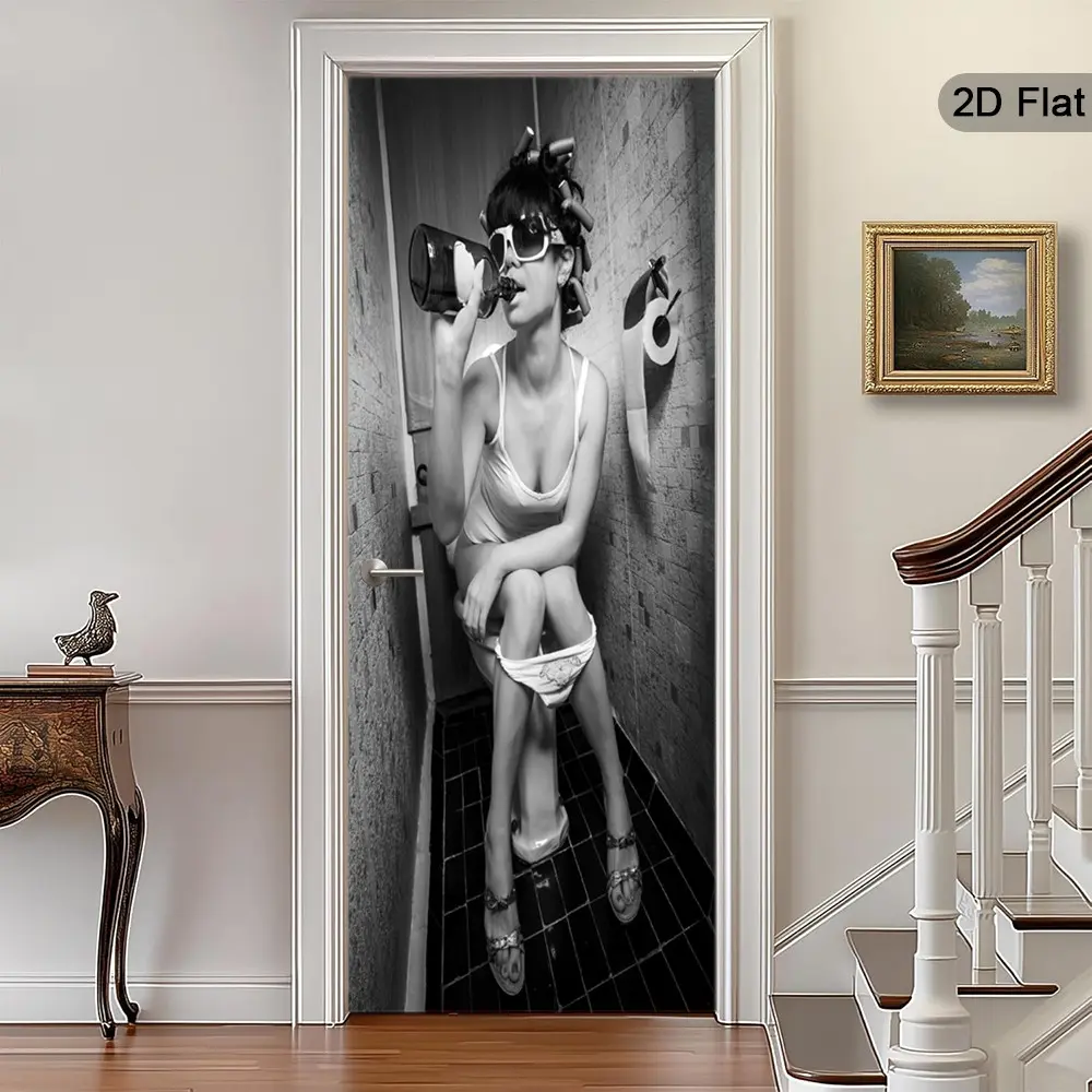 2D Flat Bathroom Humor Door Stickers, Modern Toilet Decals, Retro Self-Adhesive Wall Art, Home Decor for Bedroom, Living Room, Office
