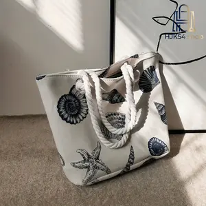 Seashell Print Canvas Beach Tote Bag, Large Capacity Nautical Shoulder Bag, Rope Handle Ocean Theme Handbag, Casual Reusable Bag for Summer & Daily Use