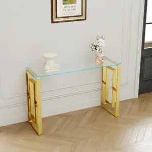 Glass Console Table, Modern 47.2'' Entryway Table, Glass Top with Stainless Steel Base, Metal Hallway Narrow Sofa Table Suitable for Entrance, Living Room（Gold）