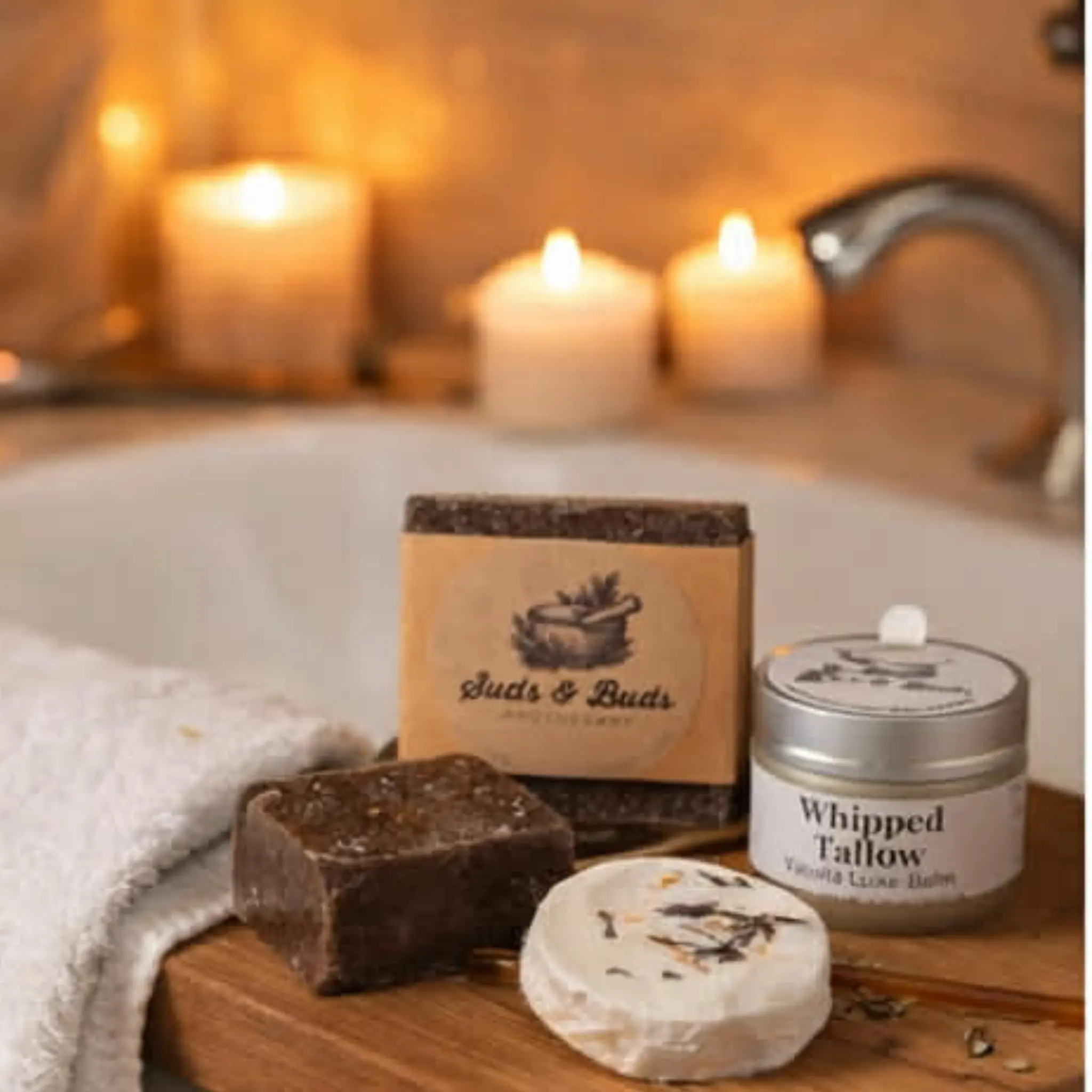 Suds & Buds Apothecary Rooted Reset Self-Care Gift Set - 8-Piece Handcrafted Collection for Stress Relief with Whipped Tallow Balm, Lavender & Vanilla