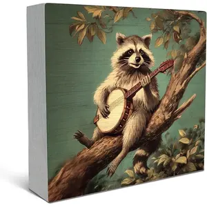 Vintage Raccoon Wood Box Sign Desk Decor, Vintage Plaque Decor, Raccoon Gifts for Women, Rustic Cottagecore Trash Panda Animal Theme Wooden Block Box Sign Decoration for Home Room Bedroom Shelf Table Desk Signage Decoration 5x5 inch