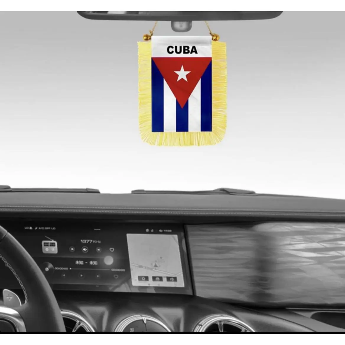 Cuba MINI BANNER FLAG 2-Sided Glass Hanging for Car & Home Decorative Flag with Fringe Detail