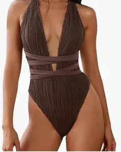 ZAFUL Women's One Piece Swimsuit Deep V Neck Ribbed Self Tie Sexy High Cut Bathing Suit Crisscross Back Swimwear