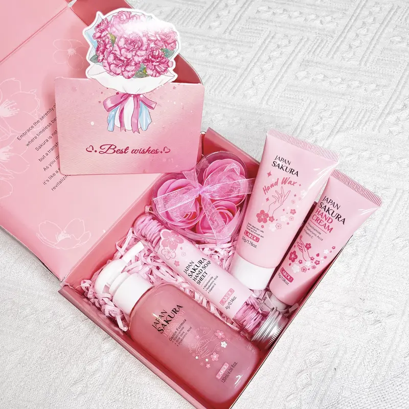 Laikou Sakura Hand Care Gift Box, Hand Cream Set, Hand Wax, Moisturizing Hand Cream, Hydrating Hand Balm, Hand Sanitizer, Soap Bars, Soap Flower, Card, Hydrating Soothing,Best Gift ,Skin Care Kit for Women & Girl