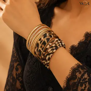 Stackable Bracelets for Women, Gold Leopard Print & Mixed Pattern Bangle Set, Lightweight Layering Jewelry for Daily Wear