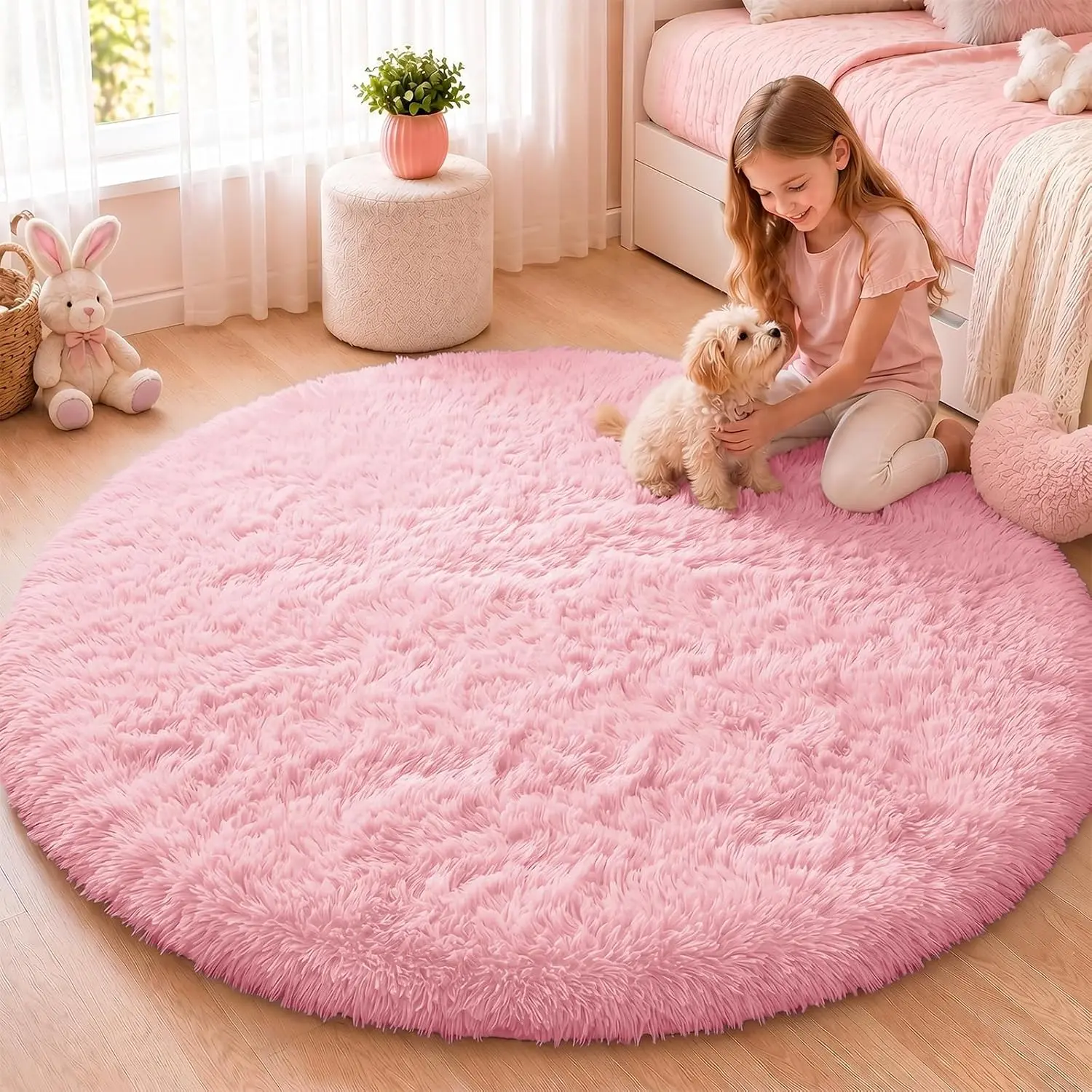 Pink Round Rugs for Bedroom - Machine Washable, 4 ft Circle Area Rugs for Living Room, Soft and Fluffy Shaggy Carpet for Teen Girls and Boys, Nursery Rooms, Dorms, Home Decor Aesthetic