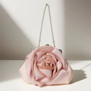 Rose Satin Evening Clutch Bag, Floral Organza Kiss Lock Formal Purse, Women's Chain Crossbody Handbag for Wedding Bridal Prom Party