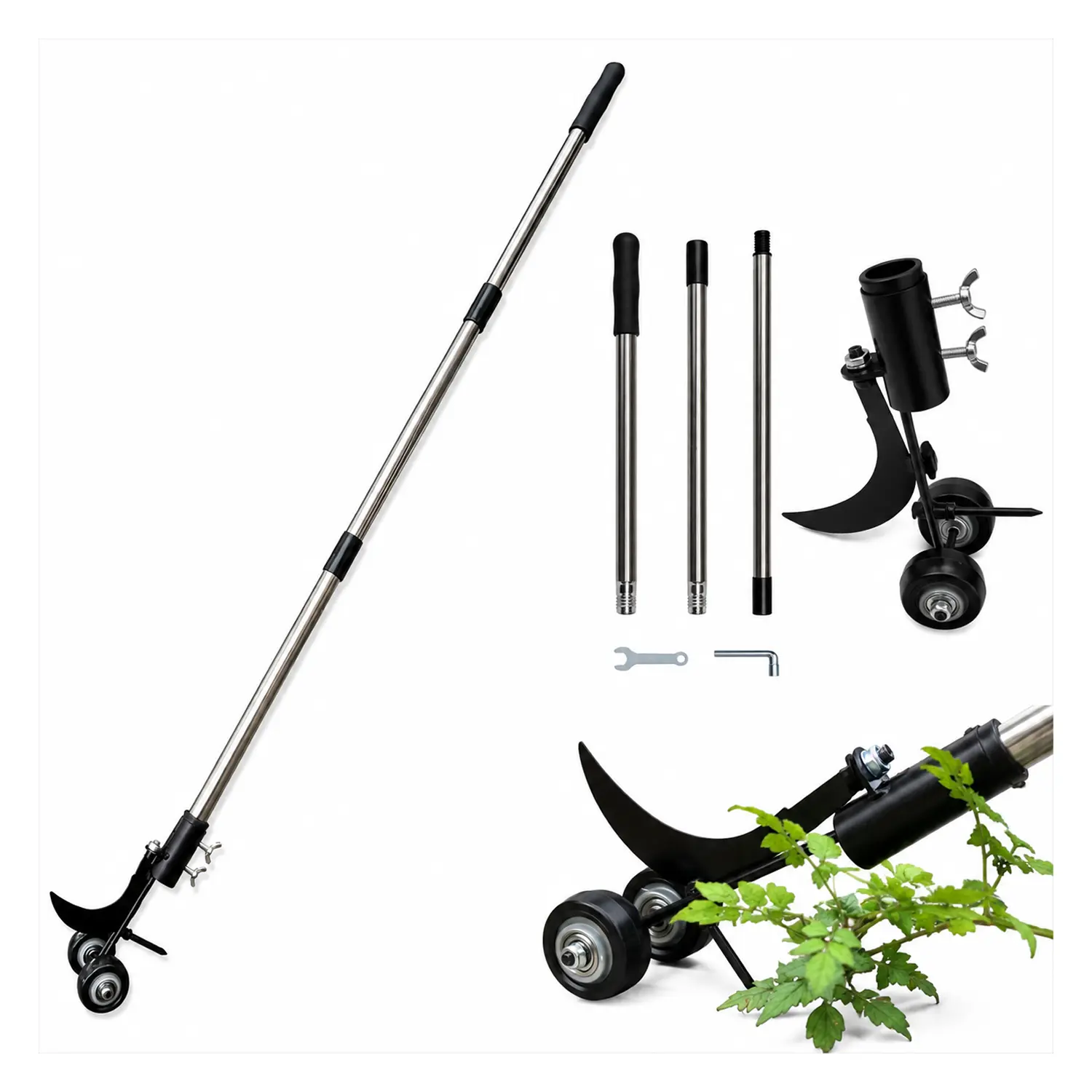 Garden Gap Weeding Tool with Wheels, Push Pull Lawn Crack Weeder with Detachable Blade and Adjustable Handle for Patio Sidewalk Yard Garden Weed Removal