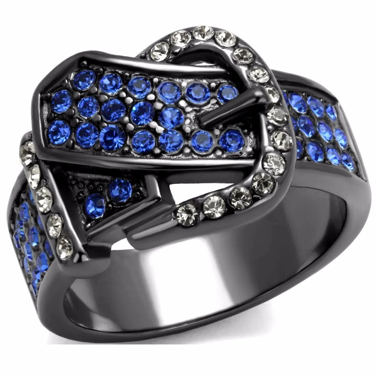 Royal Blue Multi Color Crystal IP Light Black Stainless Steel Belt Buckle Ring