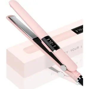 Flat Iron Hair Straightener, Titanium Flat Iron with Adjustable Temp(290°F-450°F), 1 inch Plate for All Hairstyles Anti-Frizz Dual Voltage Straightening and Curler 2 in 1 (Pink)